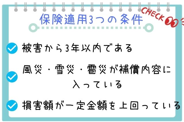 保険適用3つの条件
・被害から3年以内である
・風災・雪災・雹災が補償内容に入っている
・損害額が一定金額を上回っている