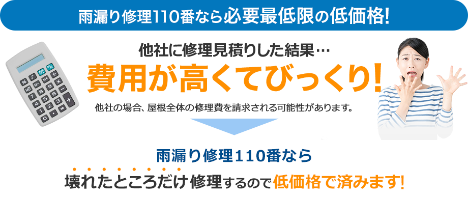雨漏り修理110番なら必要最低限の低価格！他社に修理見積した結果費用が高くてびっくりしたという方も！雨漏り修理110番なら「壊れたところだけ」修理するので低価格で済みます！
