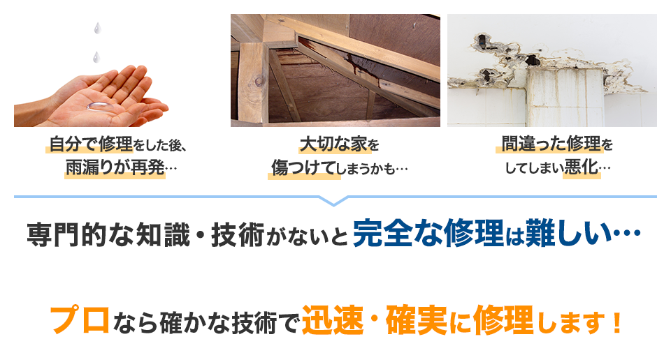 自分で修理をした後、雨漏りが再発するかもしれません。大切な家を傷つけてしまうかもしれません。間違った修理をしてしまい悪化するかもしれません。このように、専門的な知識・技術がないと完全な修理は難しいのです。プロなら確かな技術で迅速・確実に修理します！