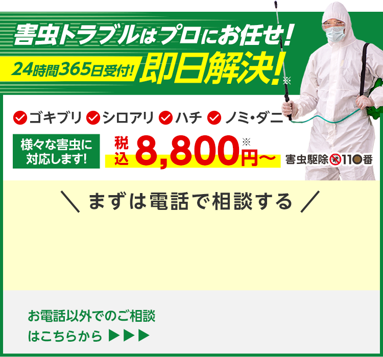 害虫トラブルはプロにお任せ！24時間365日受付！即日解決！