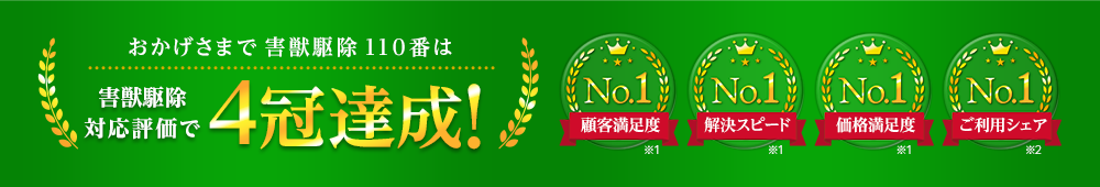 おかげさまで害獣駆除110番は4冠達成! 顧客満足度No.1 解決スピードNo.1 価格満足度No.1