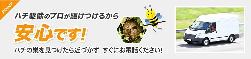 ハチ駆除のプロが駆けつけるから安心です！蜂の巣を見つけたら近づかず、すぐにお電話ください！