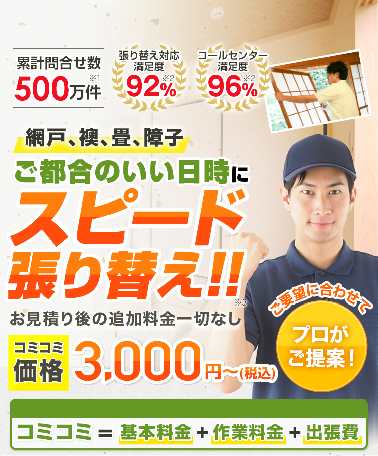 網戸、襖、畳、障子 ご都合のいい日時にスピード張り替え!! 基本料金+作業料金+出張費合わせて3,000円~(税込)