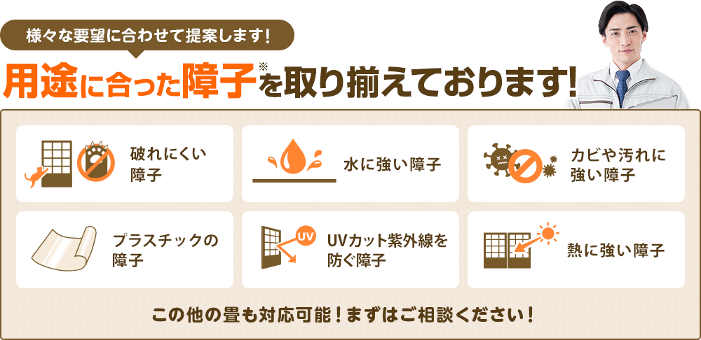 様々な用途に合った障子を取り揃えております 破れにくい障子、水に強い障子、カビや汚れに強い障子、プラスチックの障子、紫外線を防ぐ障子、熱に強い障子など