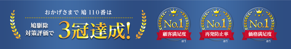 鳩110番は鳩駆除対応評価で3巻達成! 顧客満足度No.1 再発防止率No.1 価格満足度No.1