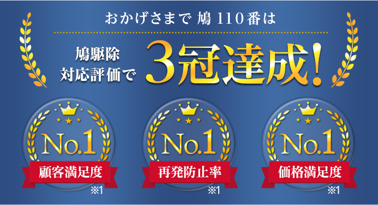 鳩110番は鳩駆除対応評価で3巻達成！ 顧客満足度No.1 再発防止率No.1 価格満足度No.1