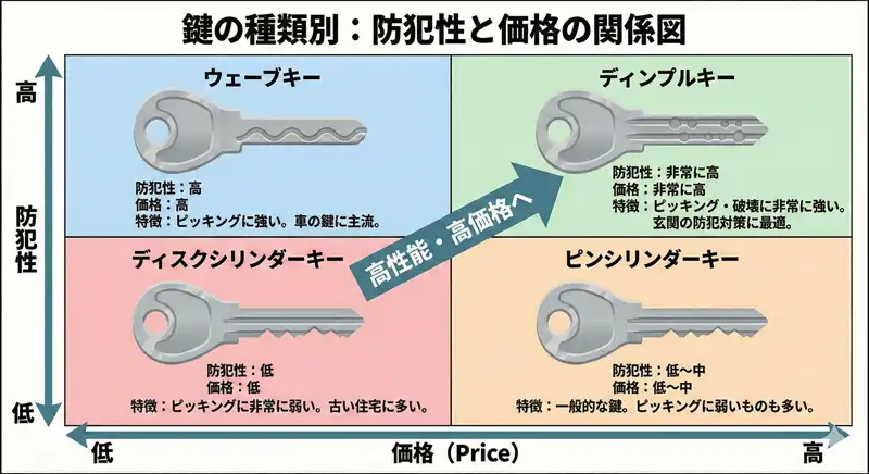鍵の種類別の防犯性と価格の関係図