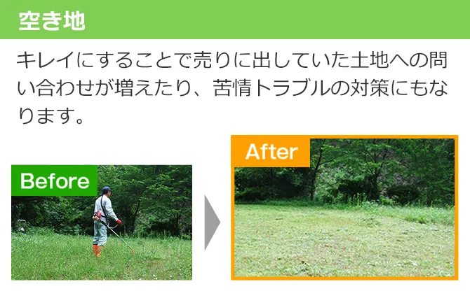 空地、キレイにすることで売りに出していた土地への問い合わせが増えたり、苦情トラブルの対策にもなります。