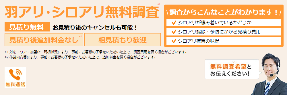 羽アリ・シロアリを自分で駆除する前に、一度無料調査をおすすめします。 見積り無料 お見積り後のキャンセルも可能！無料調査希望とお伝えください！調査からこんなことがわかります！シロアリが棲み着いているか、または羽アリがどこから発生しているか　シロアリ被害の状況　シロアリ・羽アリの駆除予防にかかる見積り費用　見積り後追加料金なし　相見積もり歓迎