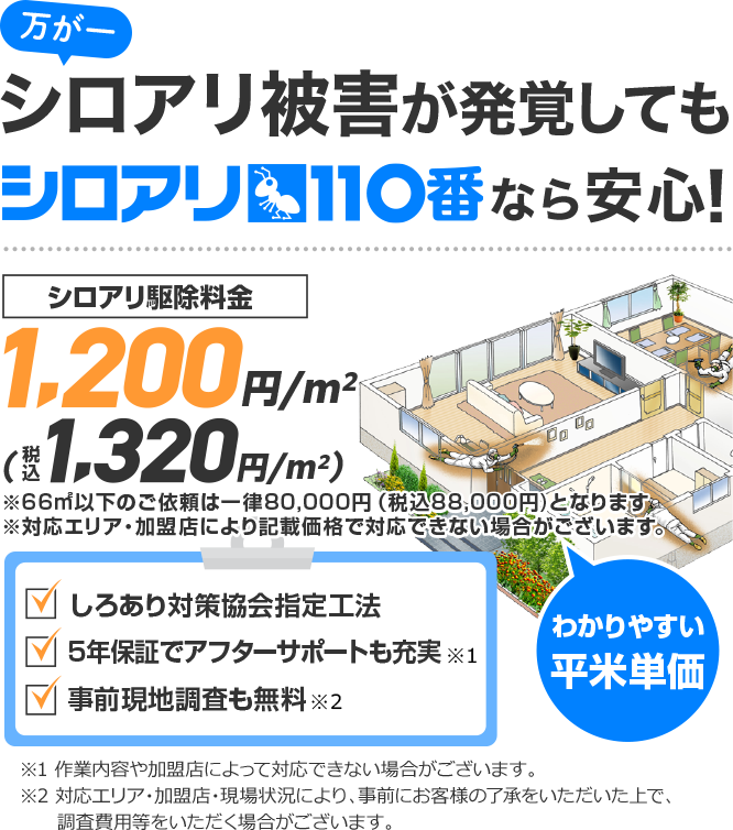 万が一シロアリ被害が発覚してもシロアリ110番なら安心！シロアリ駆除料金1,200円/㎡（税込1,320円/㎡）※66㎡以下のご依頼は一律80,000円（税込88,000円）となります。※対応エリア・加盟店により記載価格で対応できない場合がございます。シロアリ対策協会指定工法、5年間保証でアフターサポートも充実、事前現地調査も無料。わかりやすい平米単価。※1 作業内容や加盟店によって対応できない場合がございます。※2 対応エリア・加盟店・現場状況により、事前にお客様の了承をいただいた上で、調査費用等をいただく場合がございます。