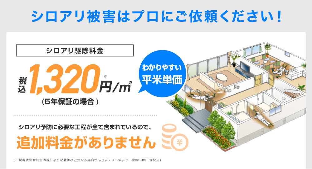 被害が出る前にプロにご依頼ください！シロアリ110番はココが違う！シロアリ被害はプロにご依頼ください！シロアリ駆除料金1,320円/㎡（税込）わかりやすい平米単価　シロアリ駆除に必要な行程が全て含まれているので、追加料金がありません。※現場状況や加盟店等により記載価格と異なる場合があります。65㎡まで一律88,000円(税込)
