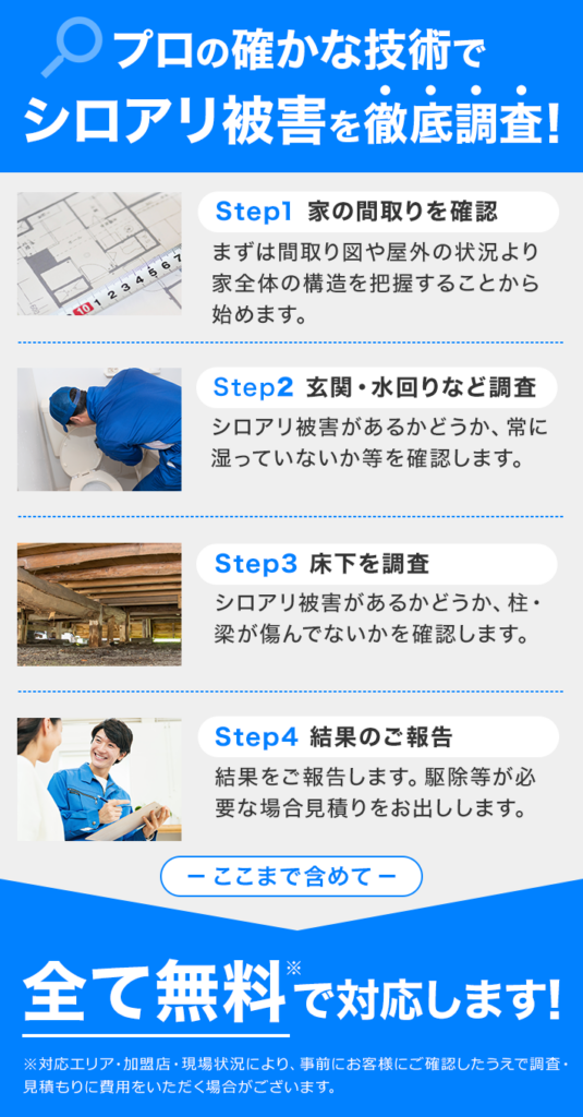 プロの確かな技術でシロアリ被害を徹底調査！Step1 家の間取りを確認 まずは間取り図や屋外の状況より家全体の構造を把握することから始めます。Step2 玄関・水回りなど調査 シロアリ被害があるかどうか、常に湿っていないか等を確認します。Step3 床下を調査 シロアリ被害があるかどうか、柱・梁が傷んでいないかを確認します。Step4 結果のご報告 結果をご報告します。駆除等が必要な場合見積りをお出しします。ここまで含めて、全て無料で対応します！対応エリア・加盟店・現場状況により、事前にお客様にご確認したうえで調査・見積もりに費用をいただく場合がございます。