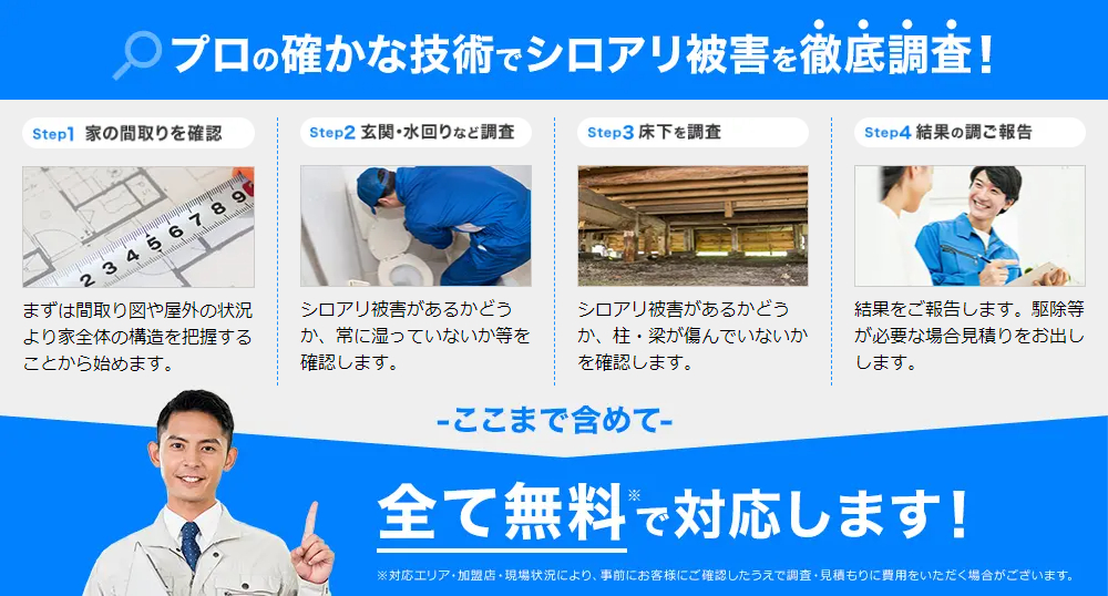プロの確かな技術でシロアリ被害を徹底調査！Step1 家の間取りを確認 まずは間取り図や屋外の状況より家全体の構造を把握することから始めます。Step2 玄関・水回りなど調査 シロアリ被害があるかどうか、常に湿っていないか等を確認します。Step3 床下を調査 シロアリ被害があるかどうか、柱・梁が傷んでいないかを確認します。Step4 結果のご報告 結果をご報告します。駆除等が必要な場合見積りをお出しします。ここまで含めて、全て無料で対応します！対応エリア・加盟店・現場状況により、事前にお客様にご確認したうえで調査・見積もりに費用をいただく場合がございます。