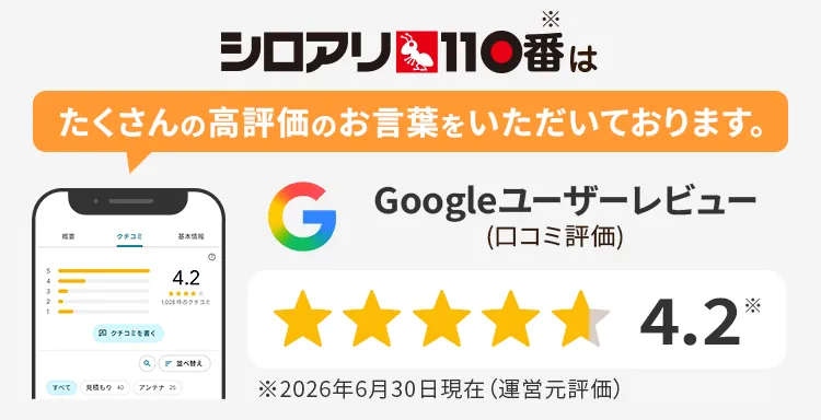 シロアリ110番はたくさんの高評価のお言葉をいただいております。Googleユーザーレビュー（口コミ評価）★4.2