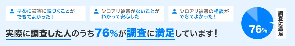 早めに被害に気づくことができてよかった!シロアリ被害がないことがわかって安心した!シロアリ・羽アリ被害の相談と撃退ができてよかった!実際に調査した人のうち76%が調査に満足しています!