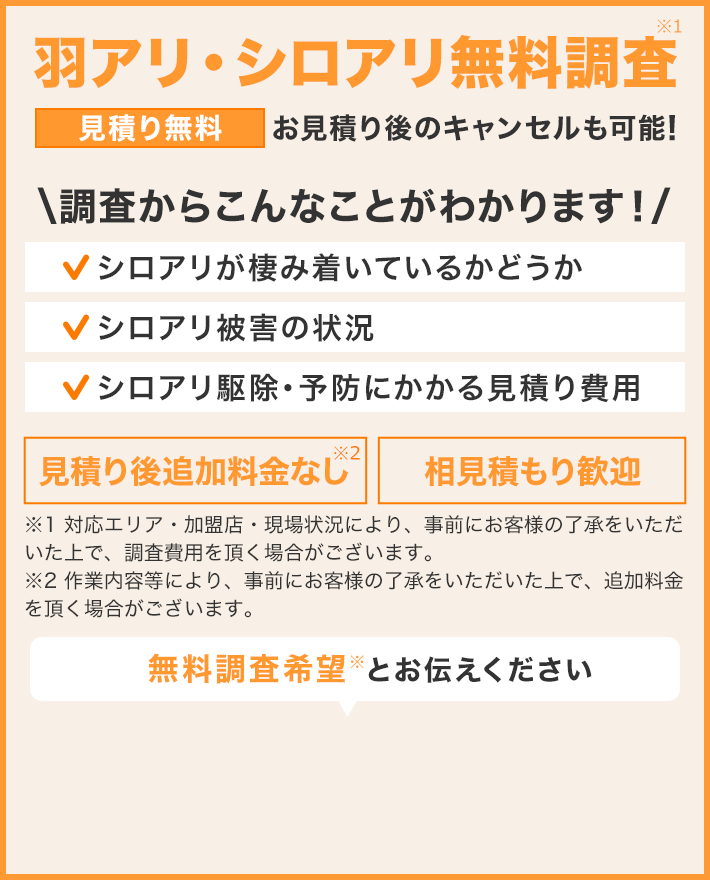 羽アリ・シロアリを自分で駆除する前に、一度無料調査をおすすめします。 見積り無料 お見積り後のキャンセルも可能！無料調査希望とお伝えください！調査からこんなことがわかります！シロアリが棲み着いているか、または羽アリがどこから発生しているか　シロアリ被害の状況　シロアリ・羽アリの駆除予防にかかる見積り費用　見積り後追加料金なし　相見積もり歓迎