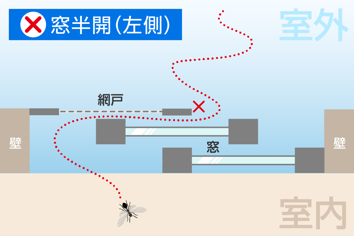 羽アリが侵入しやすい窓の開け方（左側半開）