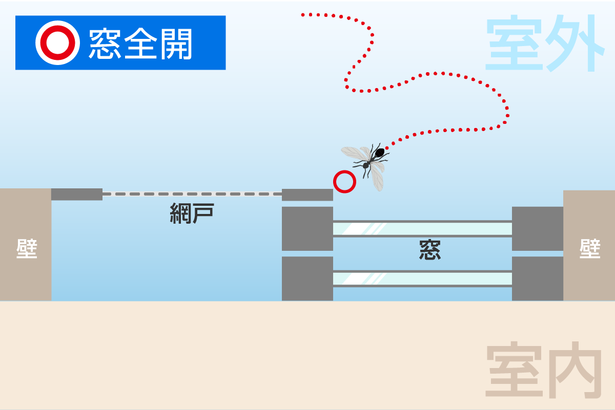 羽アリが侵入しにくい窓の開け方（全開）