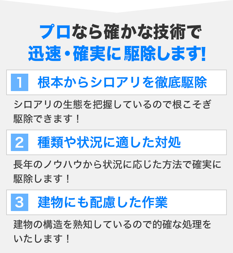 プロなら確かな技術で迅速・確実に駆除します！根本から シロアリを徹底駆除　シロアリの生態を把握しているので根こそぎ駆除できます！種類や状況に適した対処　長年のノウハウから状況に応じた方法で確実に駆除します！建物にも配慮 した作業　建物の構造を熟知しているので的確な処理をいたします！