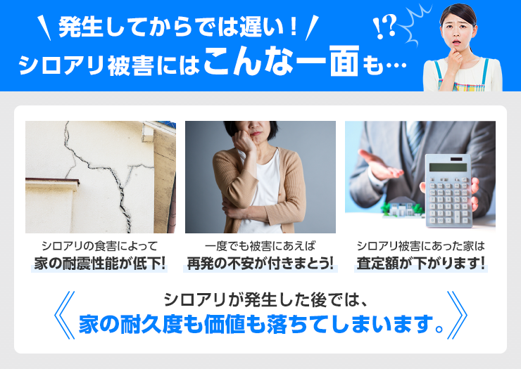 発生してからでは遅い!シロアリ被害にはこんな一面も…シロアリが発生した後では、家の耐久度も価値も落ちてしまいます。